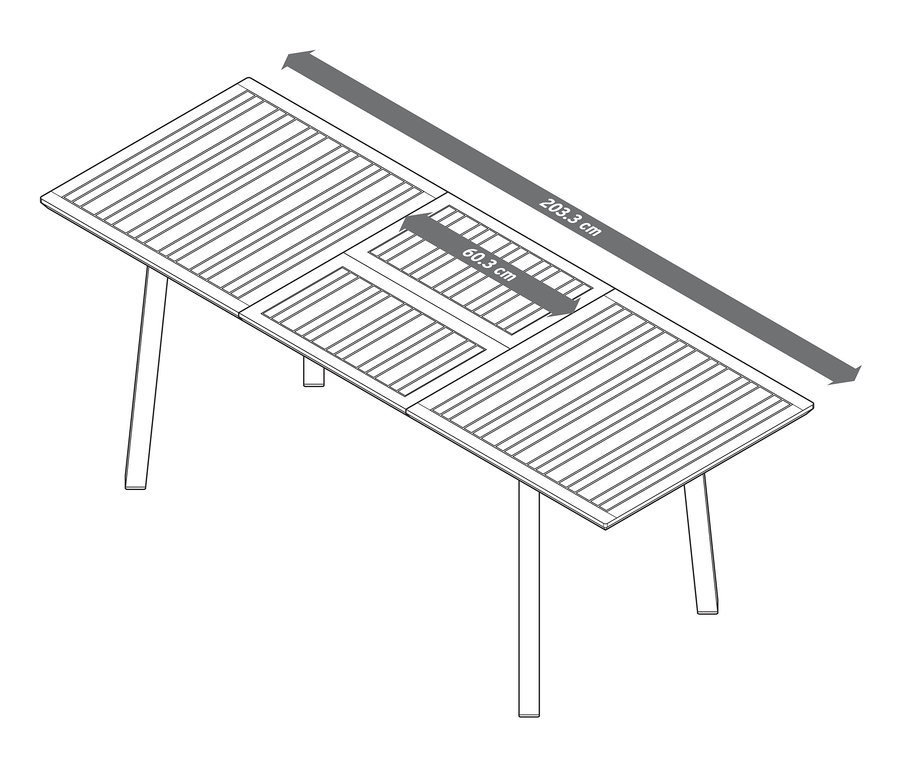 Egy vázlat a kihúzható Liska kerti asztalról, kb. 143/203 cm.
