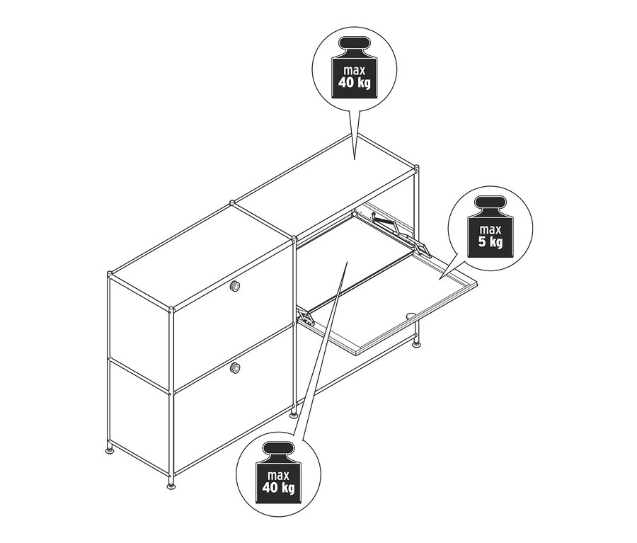 Vázlat egy »CN3« komódról négy lenyíló ajtóval, melyből kettő nyitva van. A felső és alsó rész maximális terhelhetősége 40 kg, a lenyíló ajtóké 5 kg.