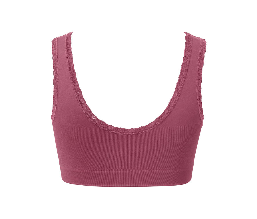 Lila, csipkés szegélyű női seamless bustier melltartó közelről.