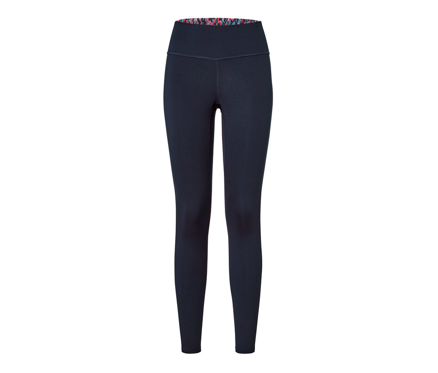 Sötétkék sportleggings magas derékrésszel és mintás derékrész belsővel. Ez egy rózsaszín/tengerészkék, kifordítható sportnadrág.