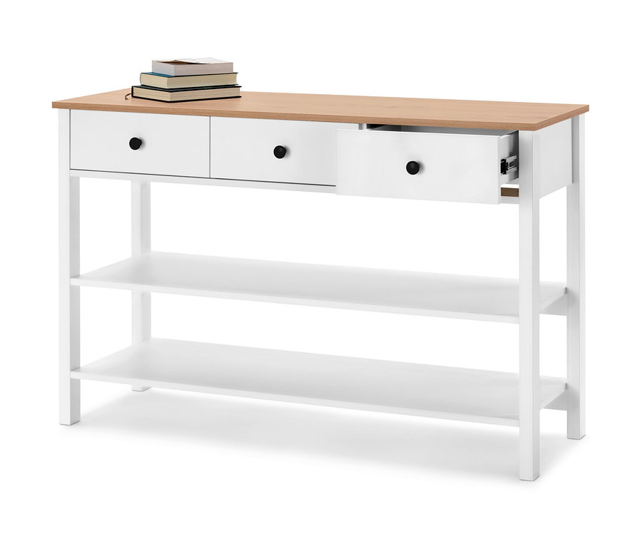 Fehér fiókos tálaló világos fa lappal. A lapon könyvek vannak.