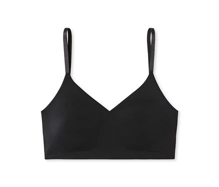 Fekete SCHIESSER láthatatlan betétes bustier melltartó vékony pántokkal és V-nyakkivágással, laposan elhelyezve fehér háttéren.
