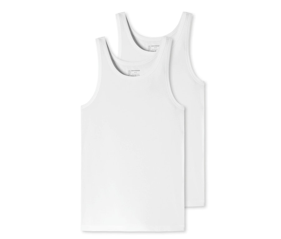Két fehér SCHIESSER trikó biopamuttal egymáson.