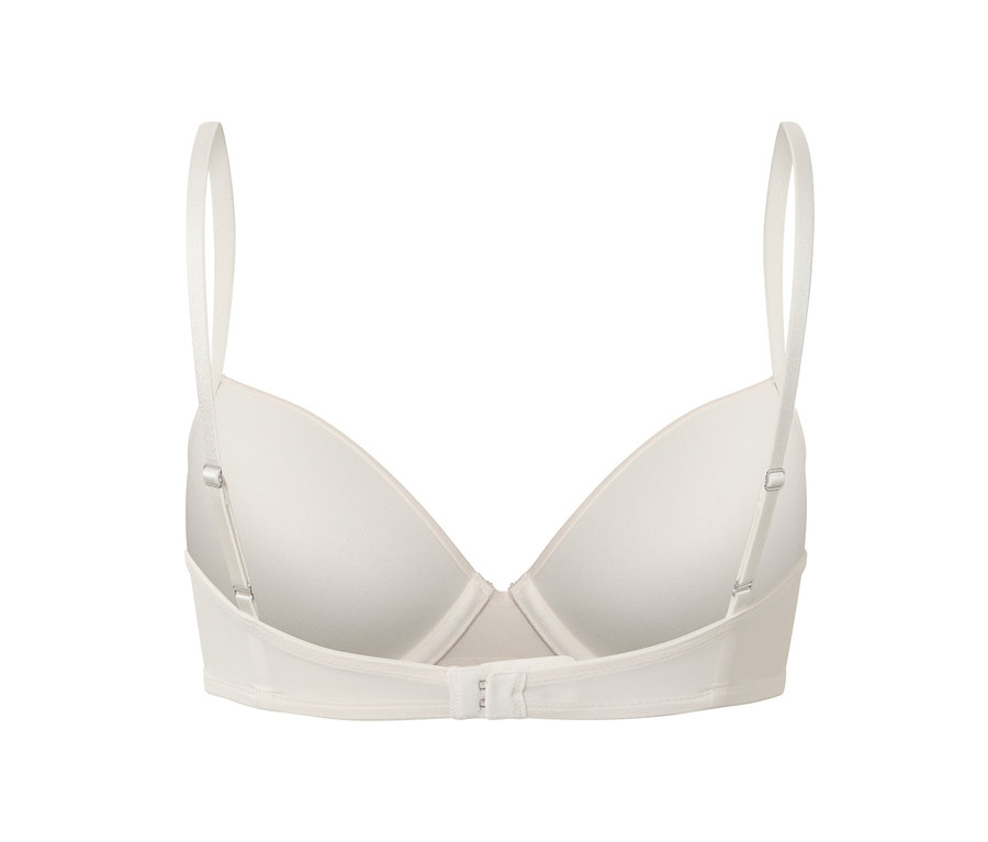 Egy fehér, 2 darabos, kosaras melltartó részletgazdag hátulnézete, látszanak az állítható pántok és a záródás.