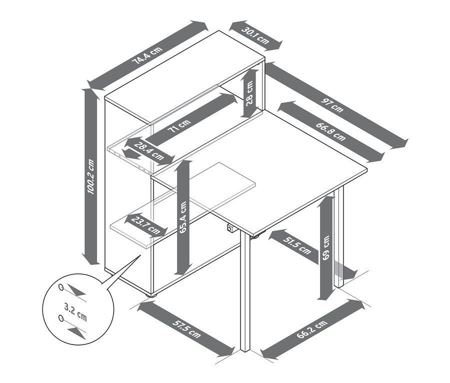 A diagram egy lehajtható asztallal ellátott polc méreteit mutatja.