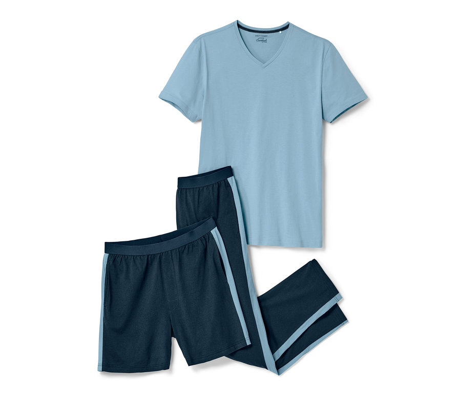 Világoskék rövid ujjú póló és sötétkék rövidnadrág és csíkos nadrág. Férfi 3 részes pizsama, sötétkék/világoskék.