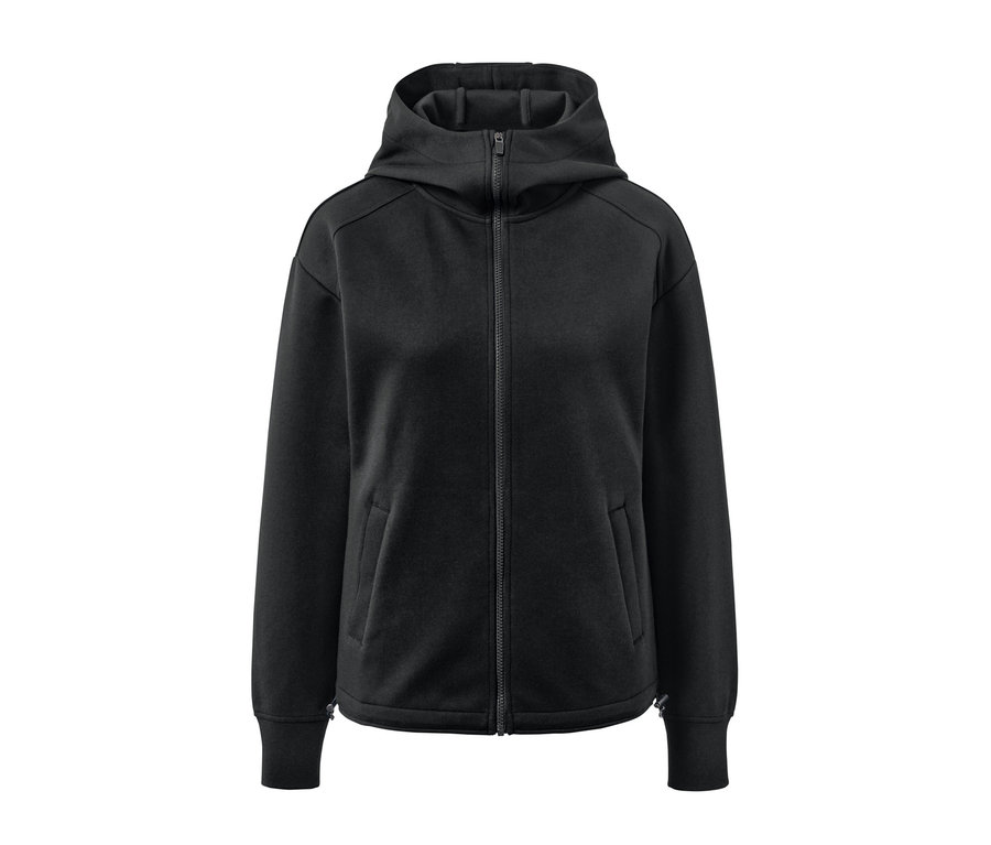 Fekete, cipzáras kapucnis szabadidőfelső.