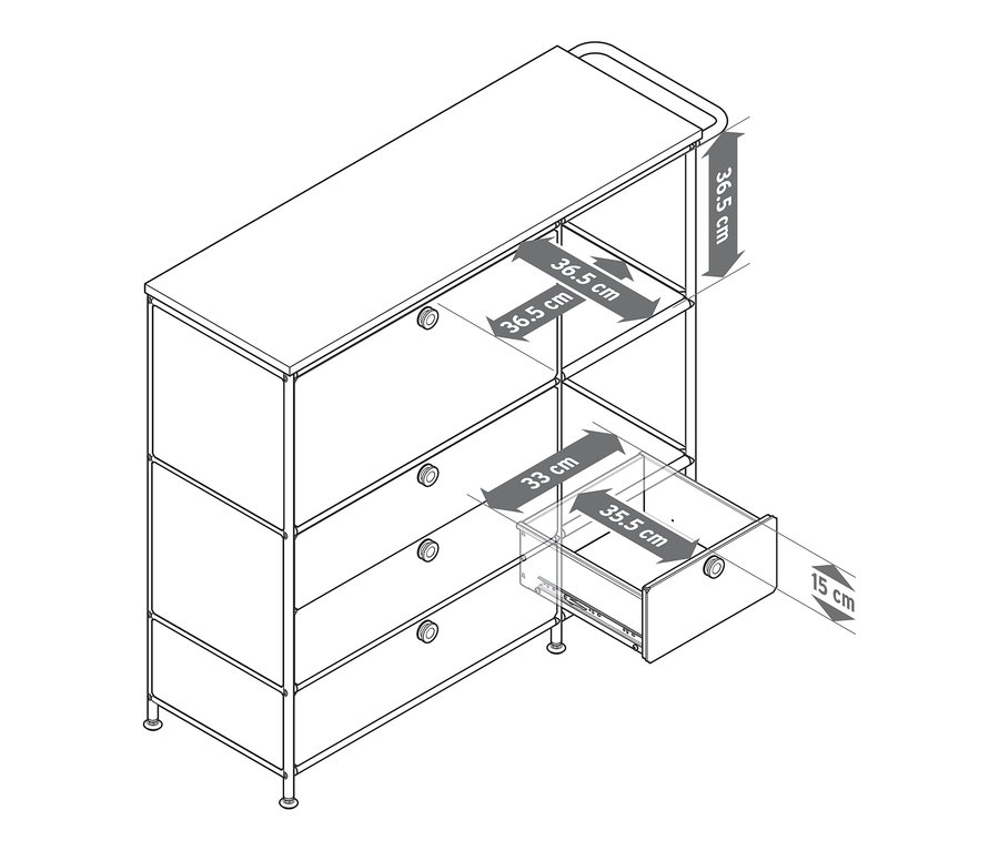 Vázlat a fehér »CN3« fém komódról fa felső lappal, 1 lenyíló ajtóval és 4 fiókkal.