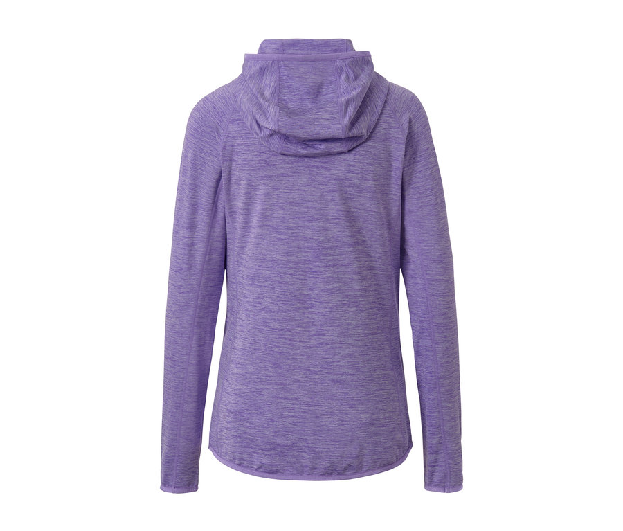 Hátulnézet a melírozott orgonalila női sportfelsőről.