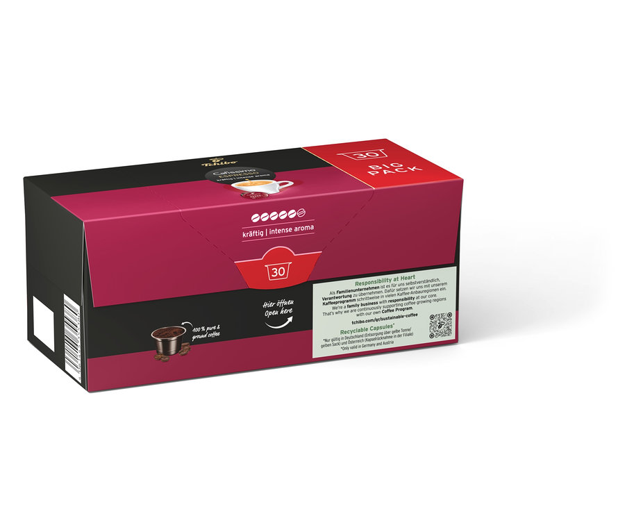 Egy csomag Cafissimo Espresso kräftig 30 kapszulával. A csomagolás lila és fekete színű.