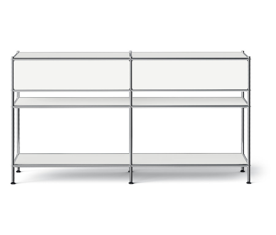 Kétrészes polc fehér polcokkal és krómozott vázzal.