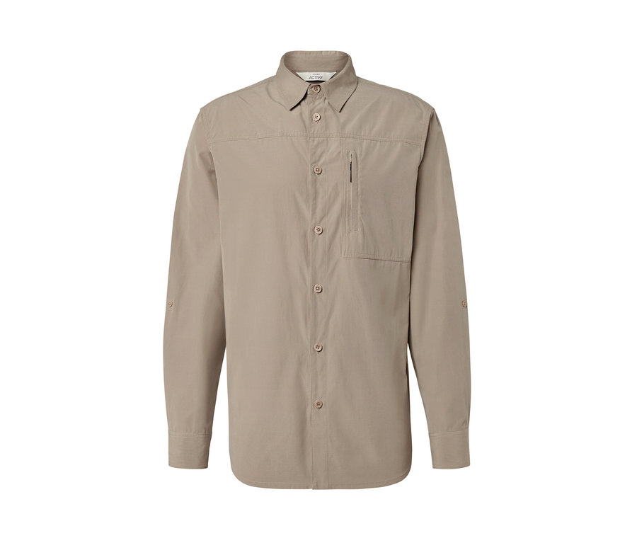 Beige, hosszú ujjú túraing szúnyogok elleni védelemmel.