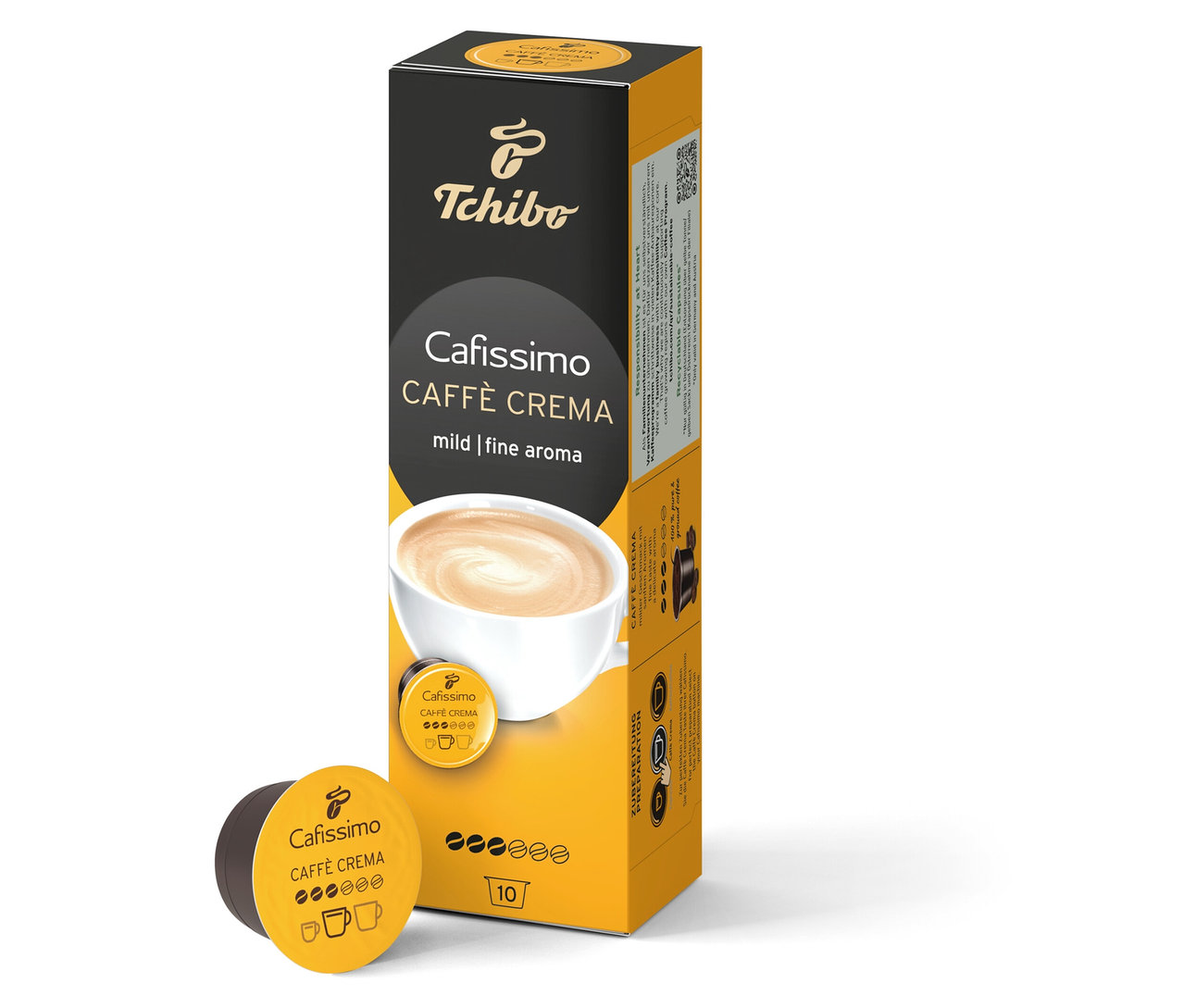 Egy doboz Cafissimo Caffè Crema mild és egy kapszula. A csomag 10 kapszulát tartalmaz.
