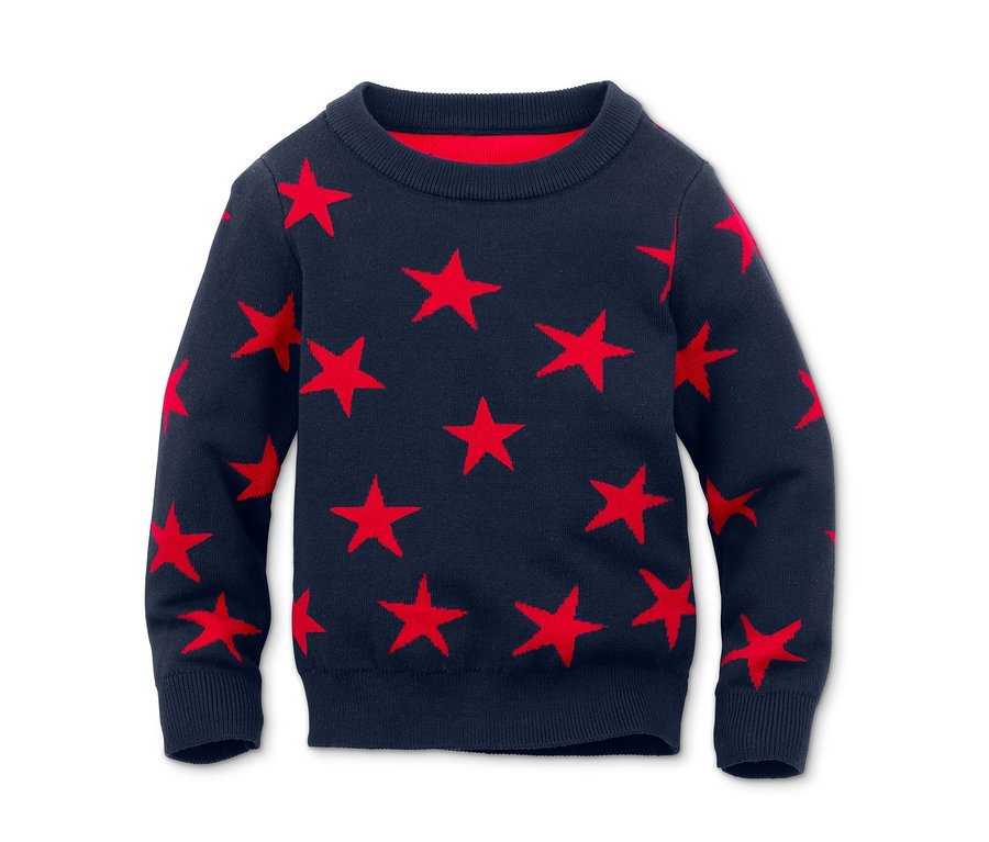 Kék, csillagos, finomkötésű pulóver.