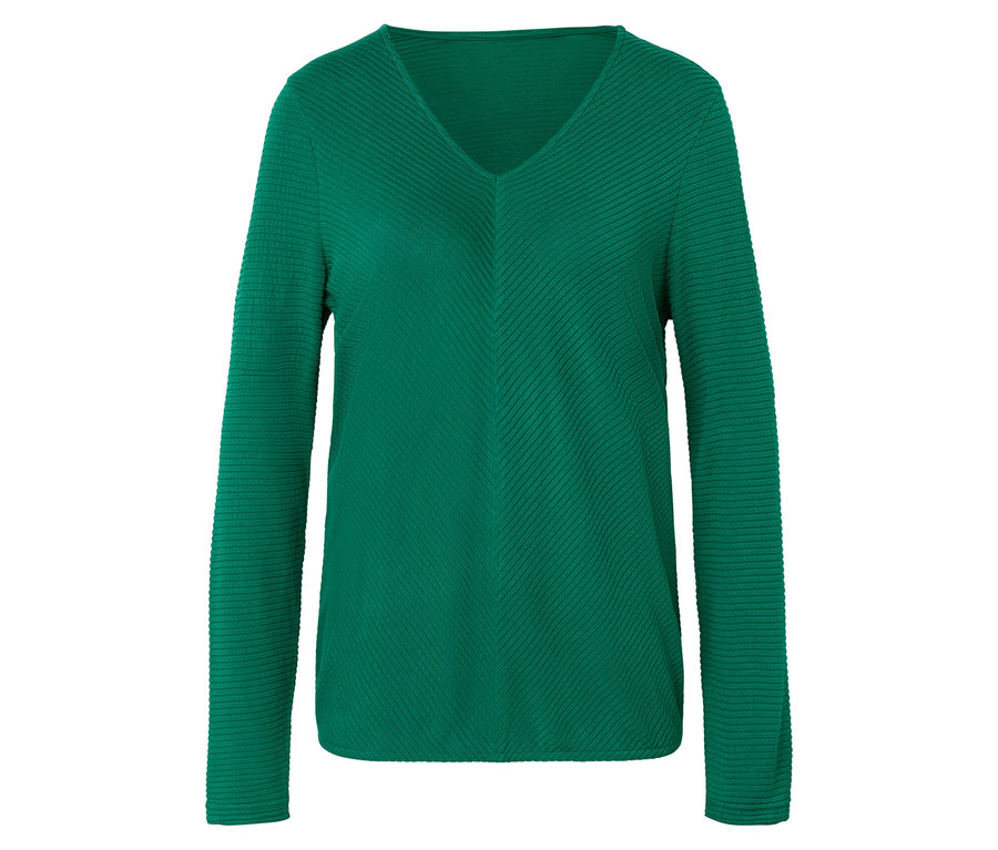 Zöld, hosszú ujjú, V-nyakú pulóver.
