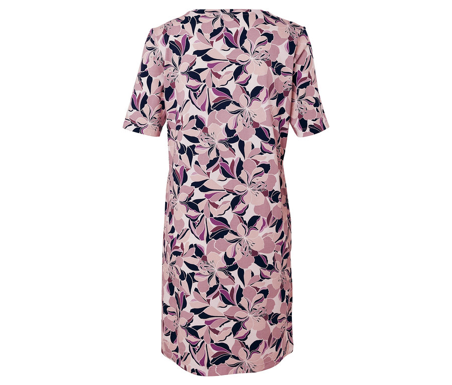 Rövid ujjú ruha virágmintával rózsaszín, lila és kék árnyalatokban.