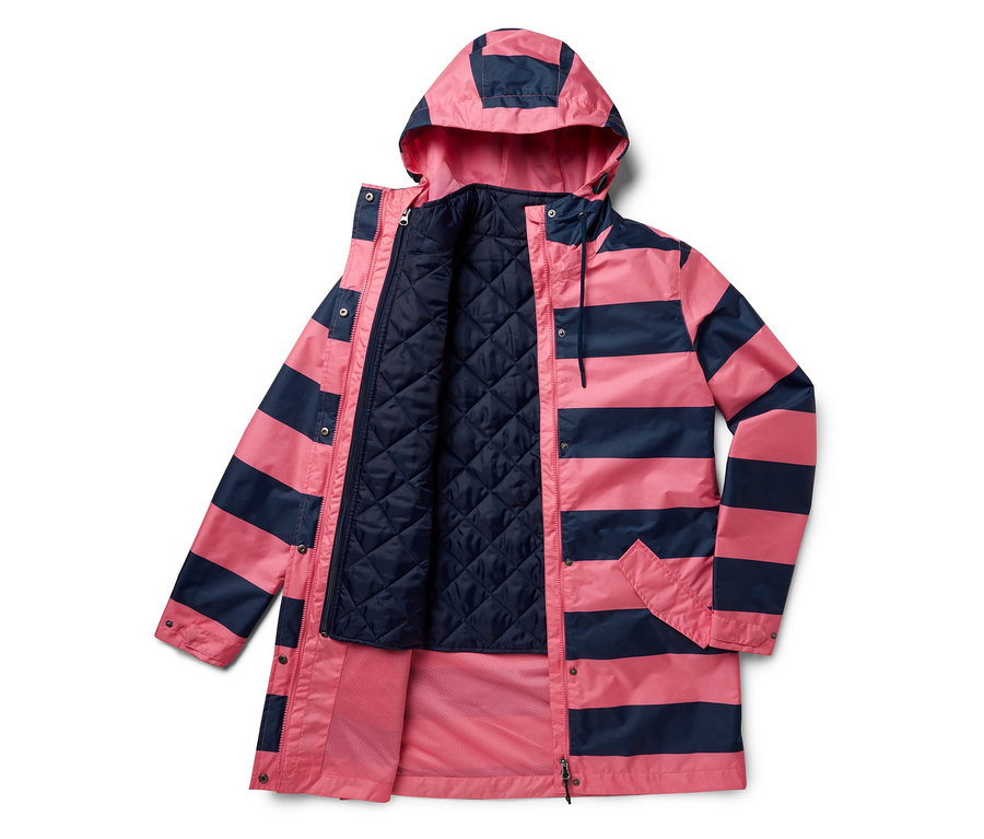 Nyitott rózsaszín, tengerészkék csíkos kapucnis kabát, tengerészkék, steppelt béléssel.