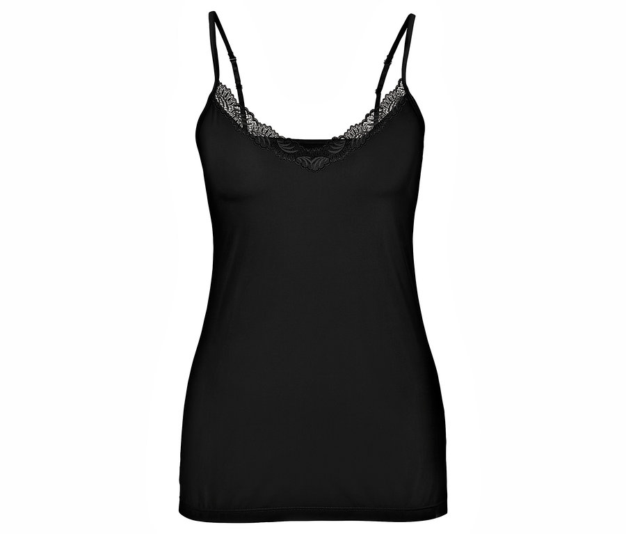 Fekete Női trikó csipkével, fehér háttérrel.