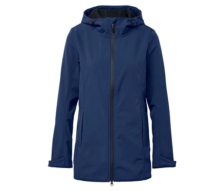 Egy tengerészkék softshell kabát kapucnival és középen cipzárral.
