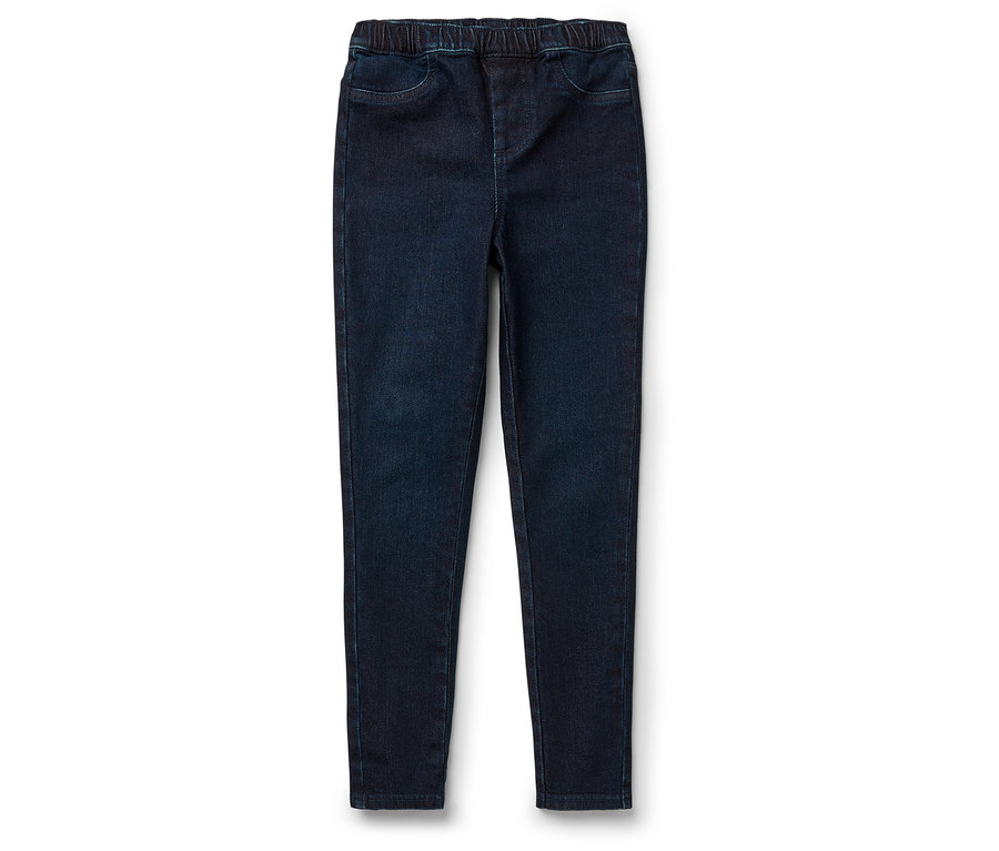 Sötétkék farmer elasztikus derékrésszel, fehér háttéren.