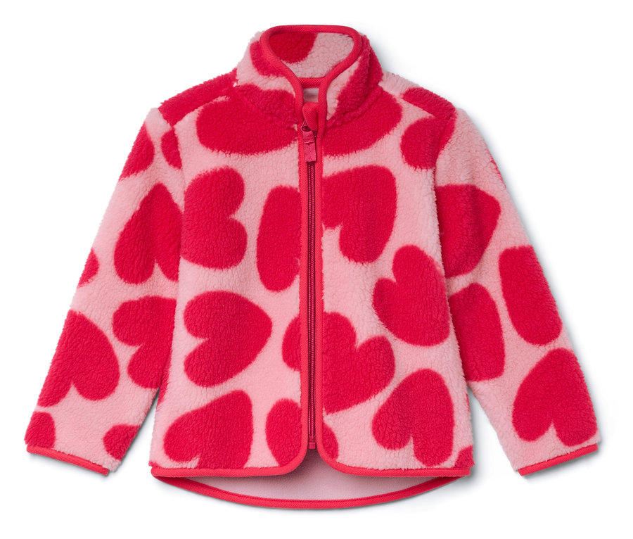 Rózsaszín, cipzáras polár pulóver, piros szívekkel.