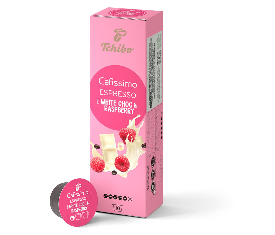 Egy csomag Cafissimo Flavoured Espresso - White Choc & Raspberry - 10 kávékapszula. Mellette egy különálló kapszula látható.