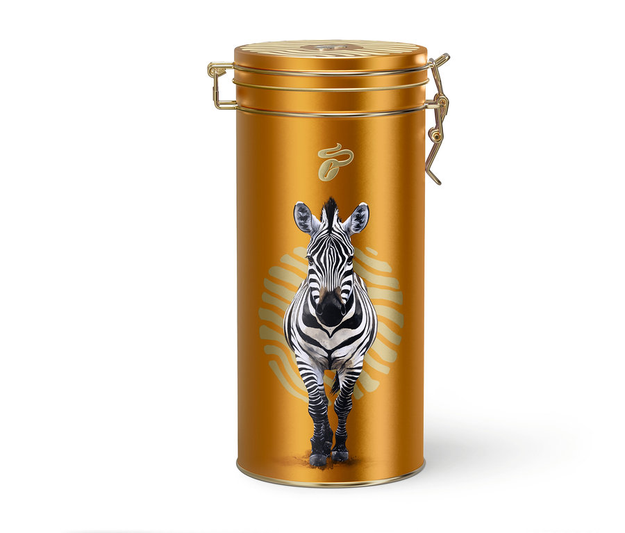 Arany színű kávésdoboz zebra mintával.