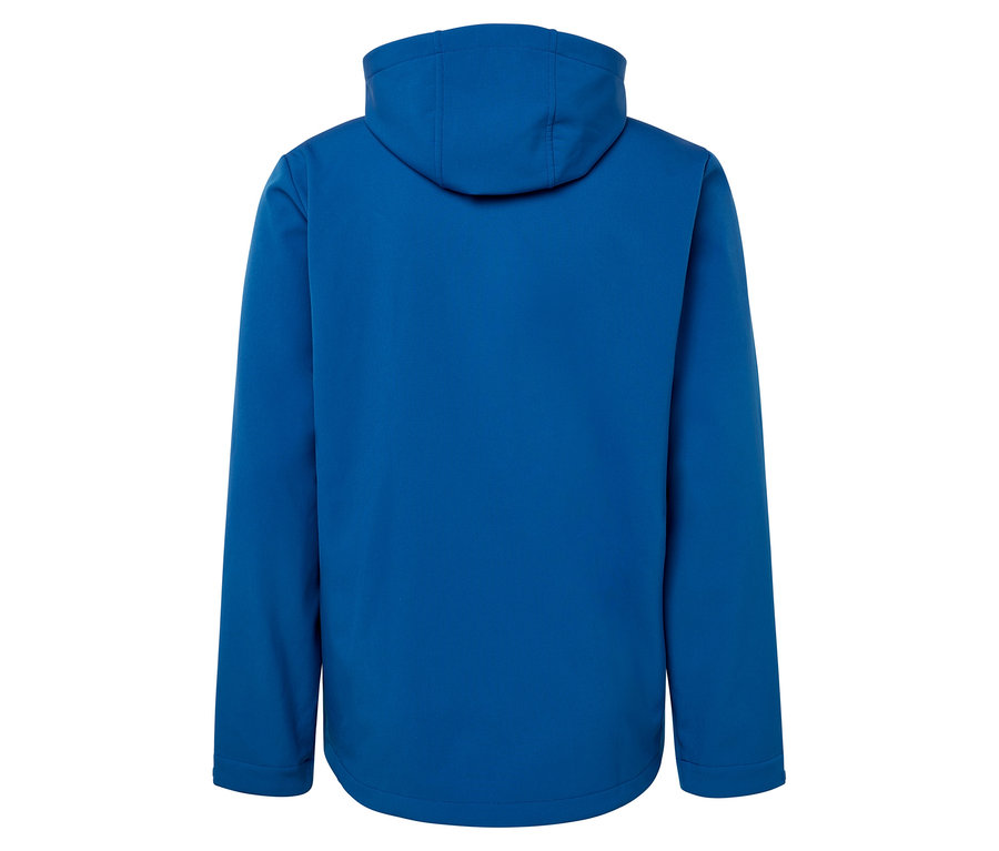 Hátulnézet egy kék kapucnis kabátról.