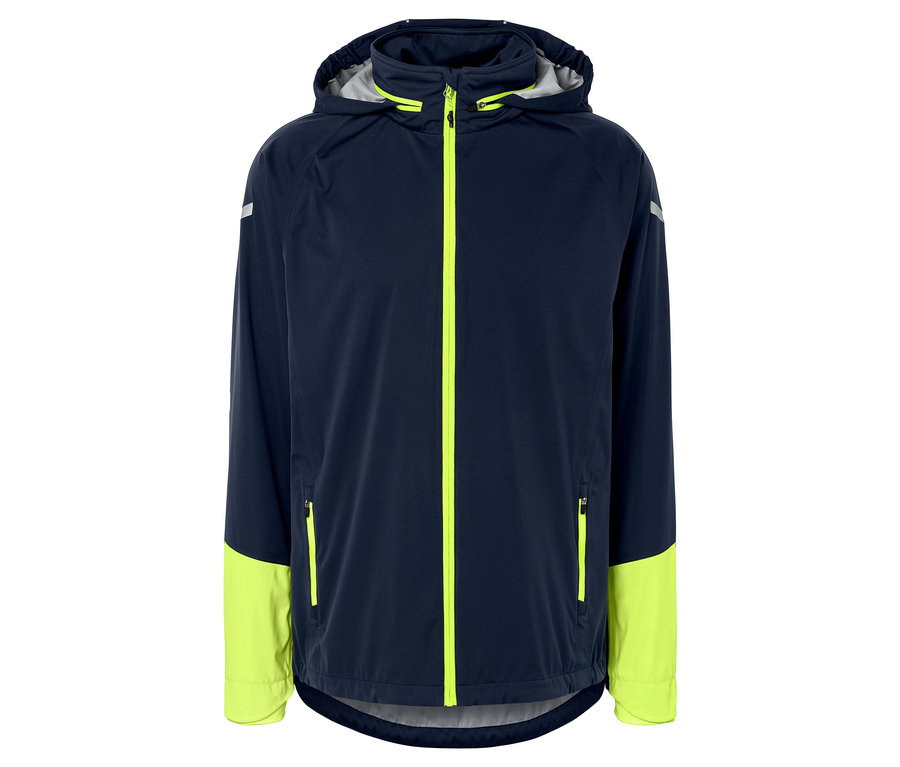 Sötétkék kabát sárga részletekkel és kapucnival.