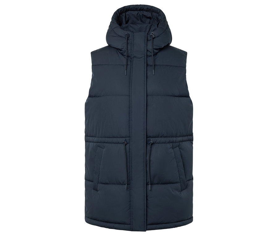 Sötétkék, steppelt mellény kapucnival.