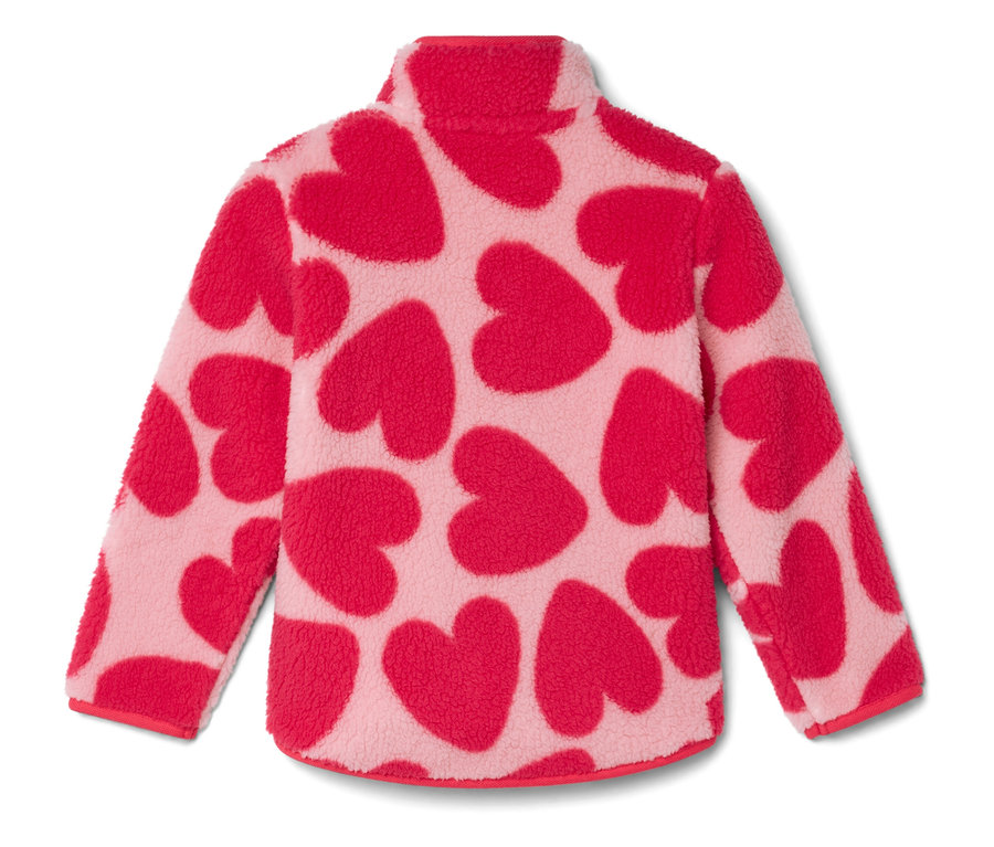 Rózsaszín polár pulóver piros szív mintával.