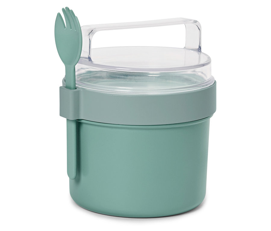 Zöld ételtartó edény, az oldalára erősített villával.