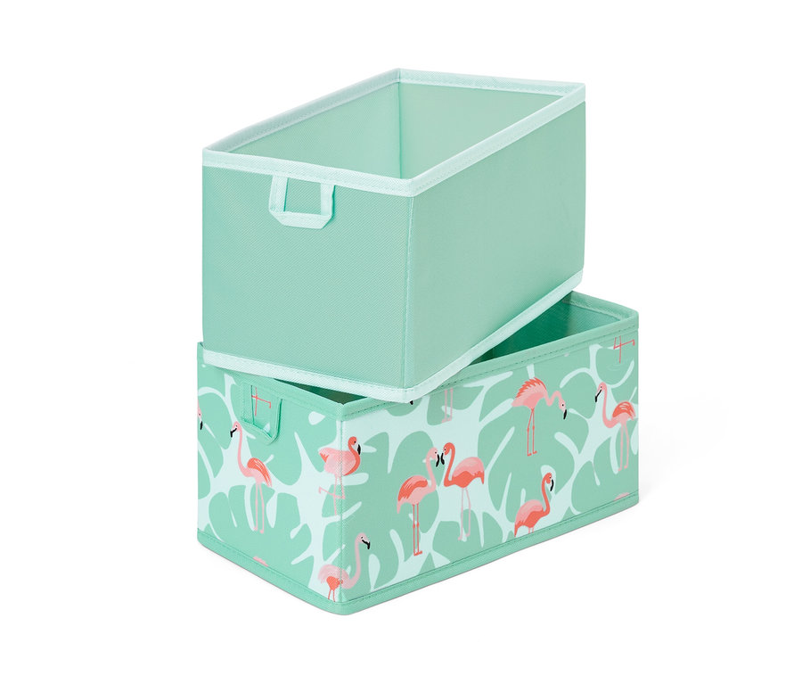 Két rendszereződoboz fiókba egymásra rakva. Az egyik világoszöld, a másik flamingó mintás.