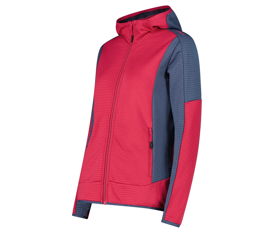 Piros kapucnis pulóver szürke-kék ujjakkal és kapucnival.