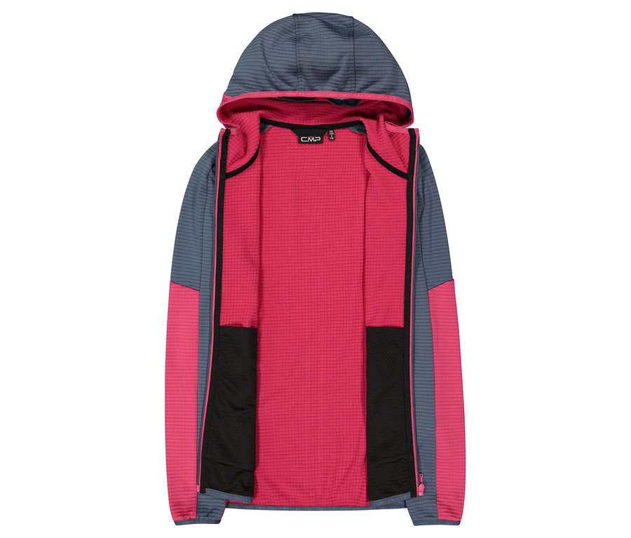 Nyitott, szürke és rózsaszín kapucnis pulóver fekete zsebekkel.