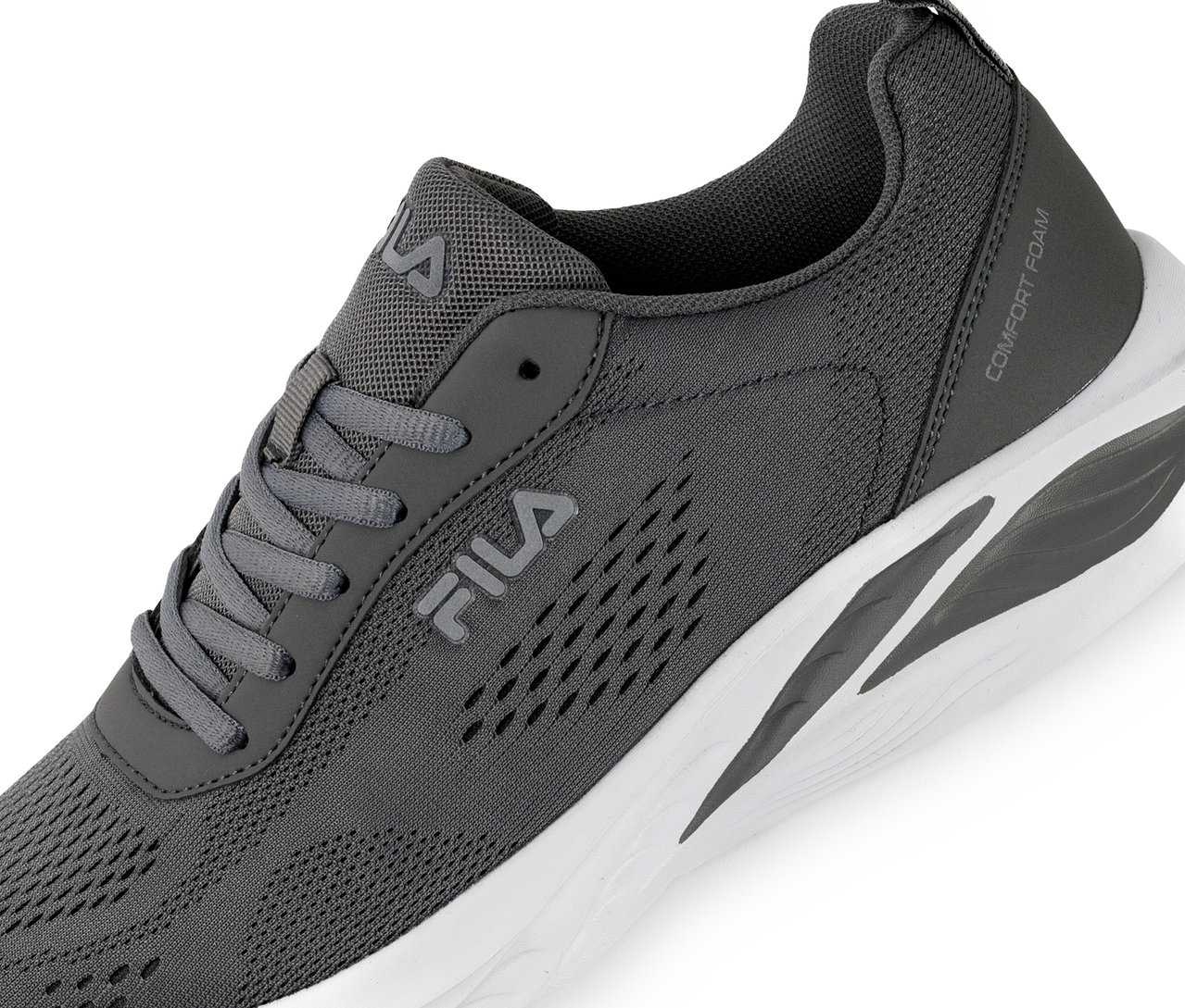 Egy szürke Fila Specctris férfi sneaker cipő közeli képe, fehér talppal.