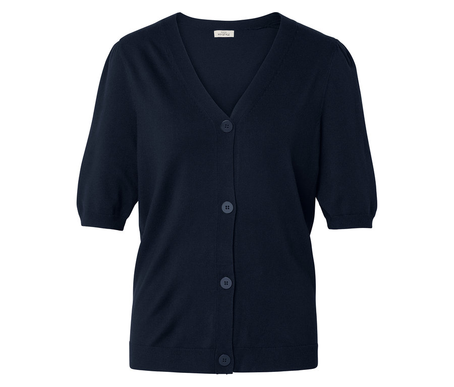 Sötétkék, rövid ujjú, V-nyakú, öt gombos kardigán.