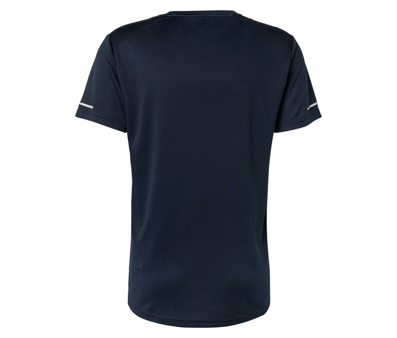 Sötétkék póló hátulról, fényvisszaverő csíkkal az ujján.