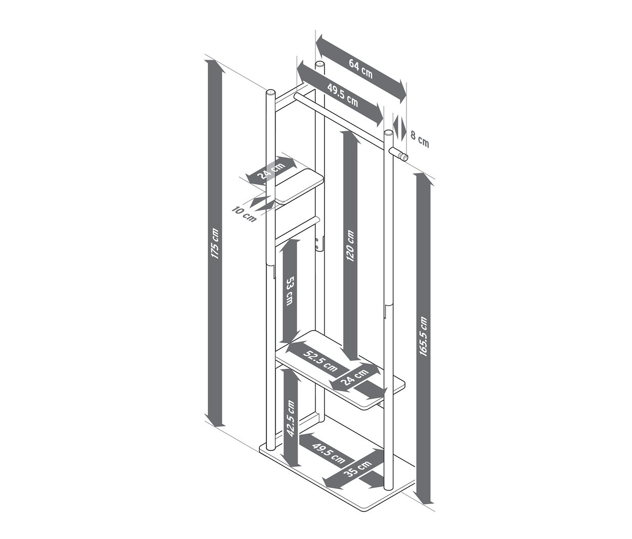 Részletes, vázlatos ábrázolása egy ruhafogasnak polccal, méretekkel ellátva.