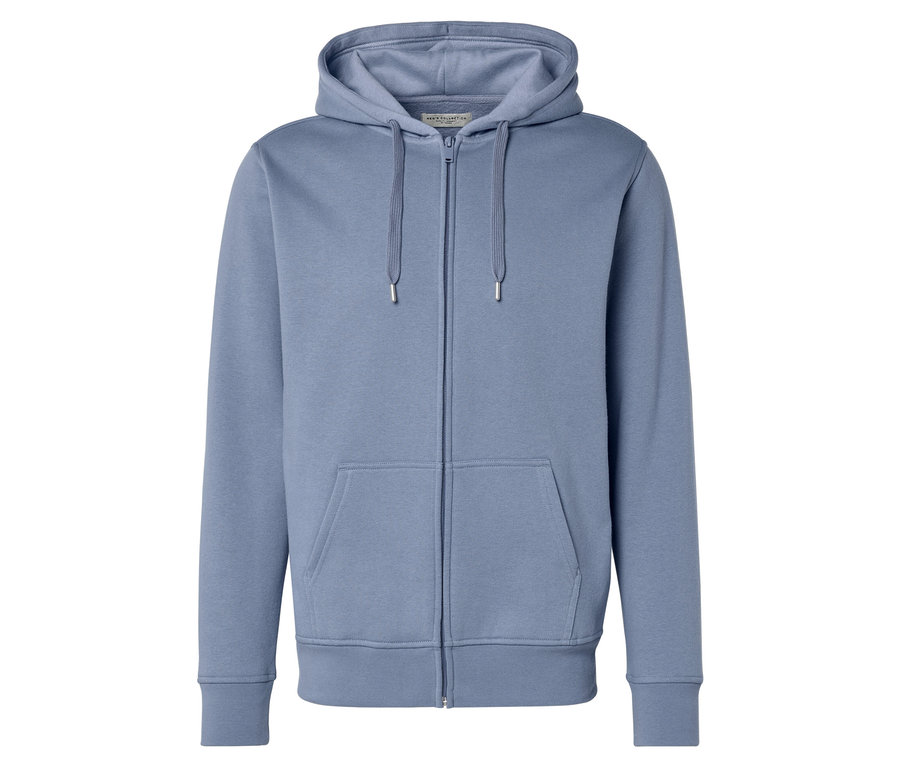 Világoskék kapucnis pulóver cipzárral és kenguruzsebbel.