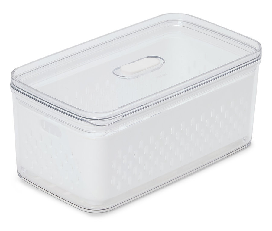 Egy téglalap alakú, átlátszó élelmiszertároló tartály fehér betéttel és átlátszó fedéllel fehér háttér előtt.