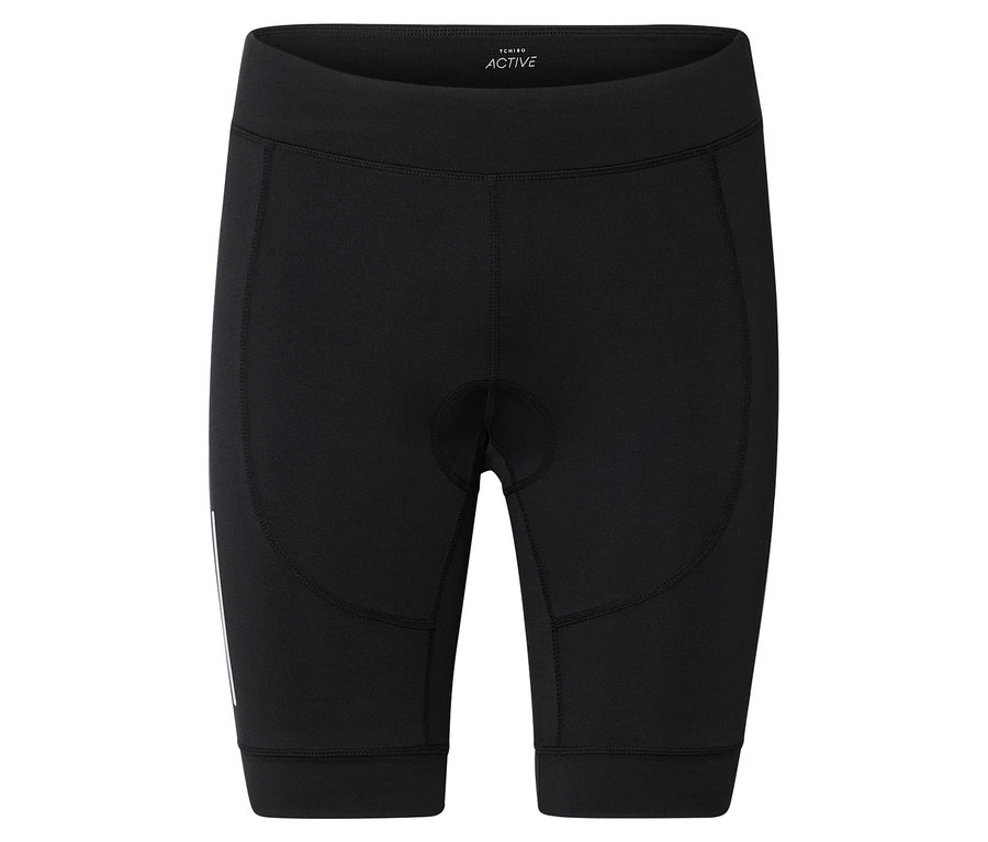 Fekete, térdig érő kerékpáros rövidnadrág, elöl középen enyhén párnázott, fényvisszaverő csíkkal a bal lábán.