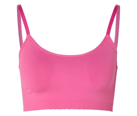 Rózsaszín, seamless bustier melltartó csipkével és vékony pántokkal, fehér háttér előtt.