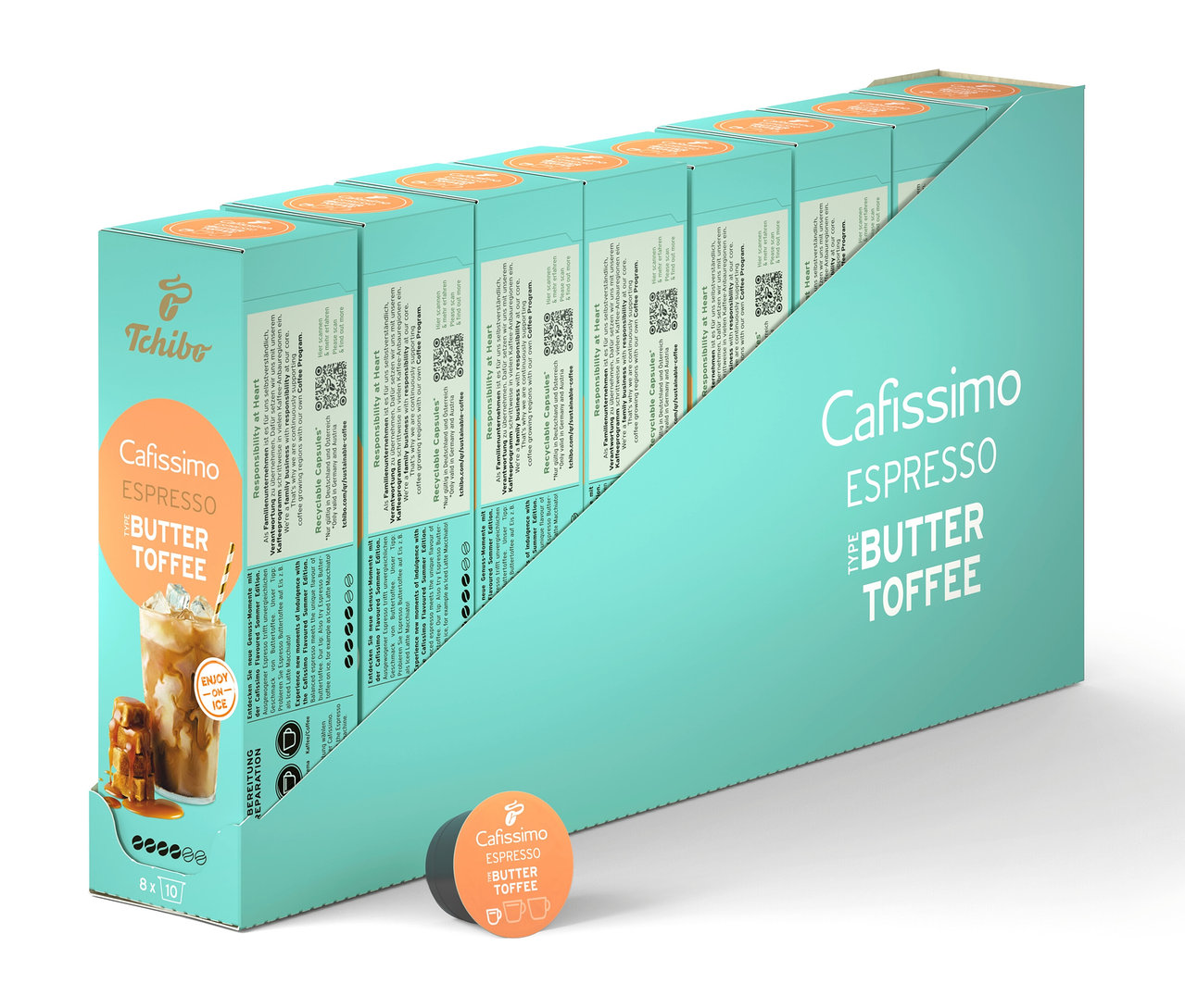 Egy sor Cafissimo Flavoured Espresso - Buttertoffee kapszulacsomag türkiz csomagolásban.