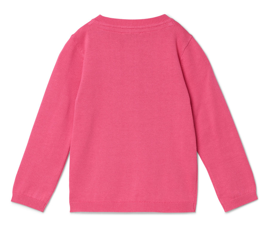 Hátulnézet egy rózsaszín, hosszú ujjú kötött pulóverről.