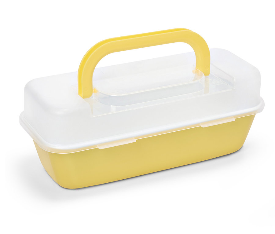 Sárga tárolódoboz átlátszó fedéllel és sárga fogantyúval.