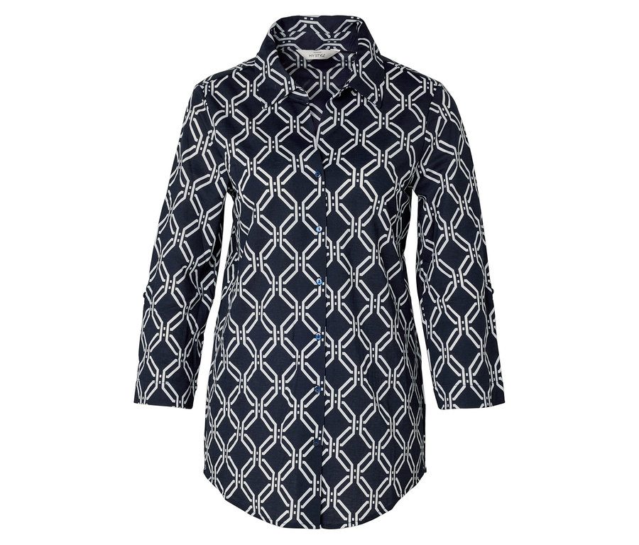 Piké jersey blúz, sötétkék-fehér mintával.