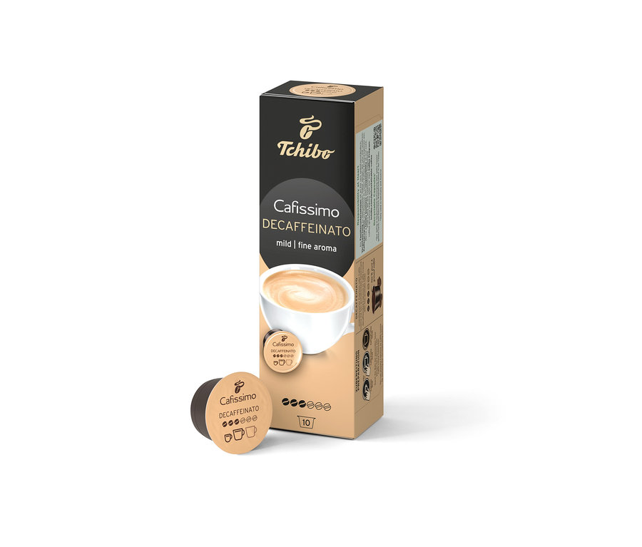 Egy doboz Cafissimo Decaffeinato egyetlen kapszula mellett.