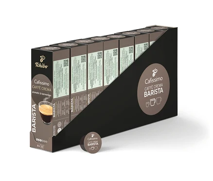 Egy sor Cafissimo BARISTA Caffè Crema kávékapszula csomagolás.