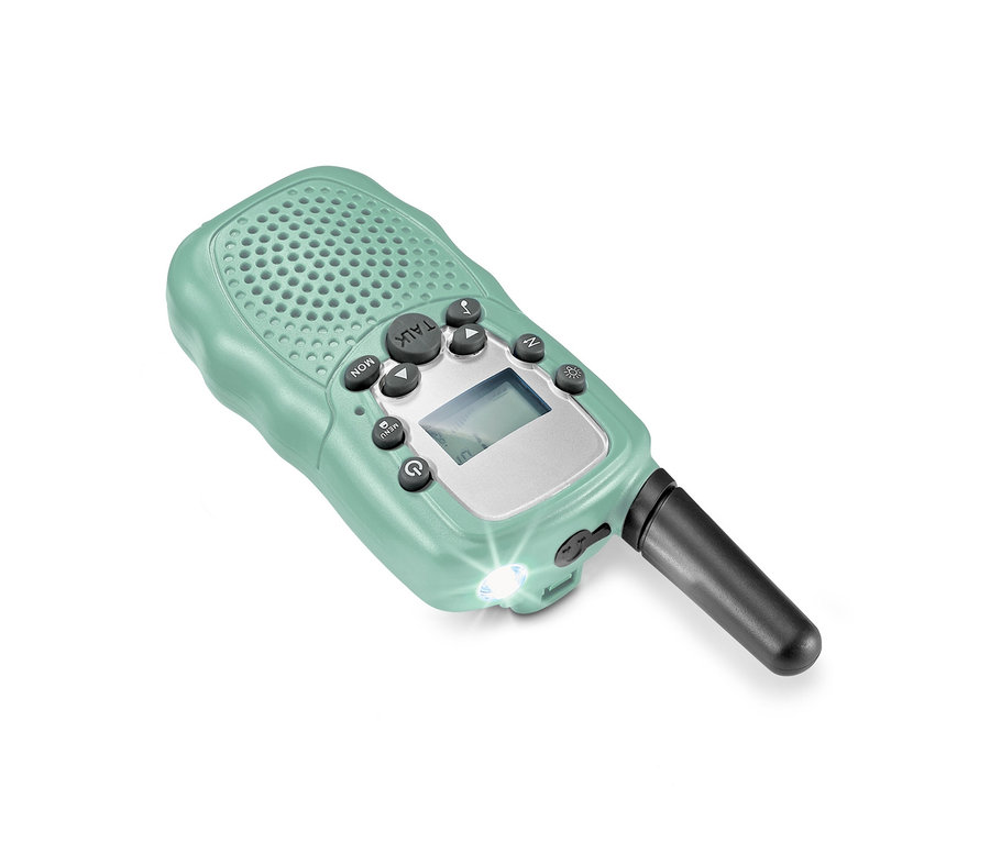 Egy zöld walkie-talkie gyerekeknek (2 db-os szett), antennával és kijelzővel.